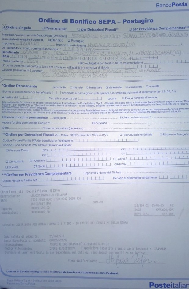 bonifico GrIG a Unione dei Comuni Marmilla per i Cavallini della Giara, 25 giugno 2015